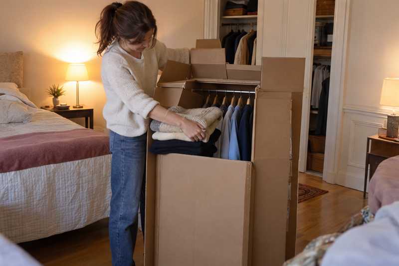 Femme rangeant ses pulls dans un carton penderie
