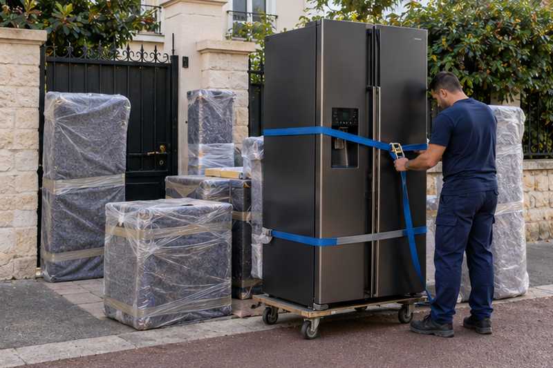 Réfrigérateur double porte anthracite sanglé debout près du portail