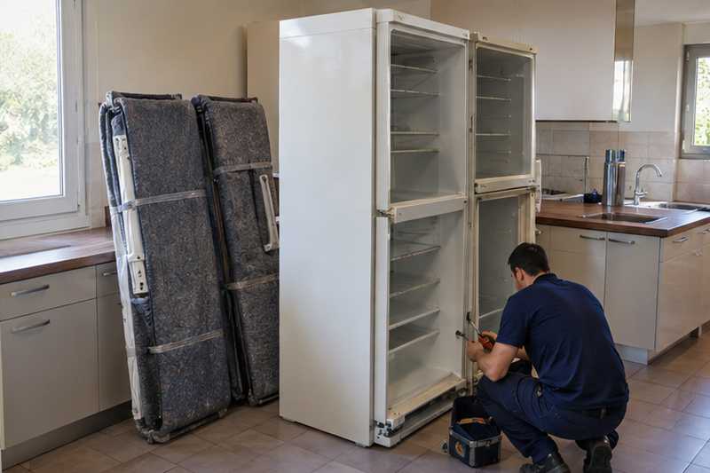 Réfrigérateur combiné ivoire sans ses portes, poignées emballées à part