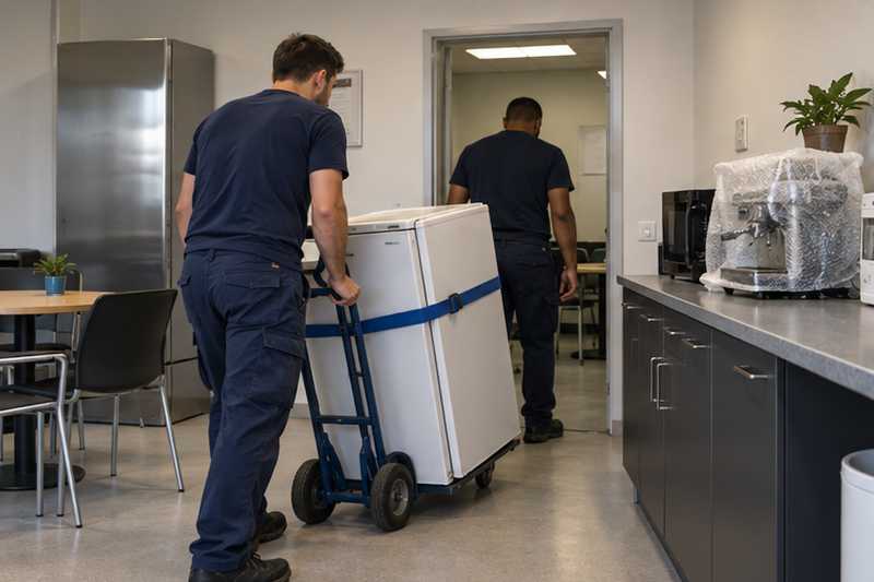 Deux équipiers sortant le réfrigérateur d'une salle de pause