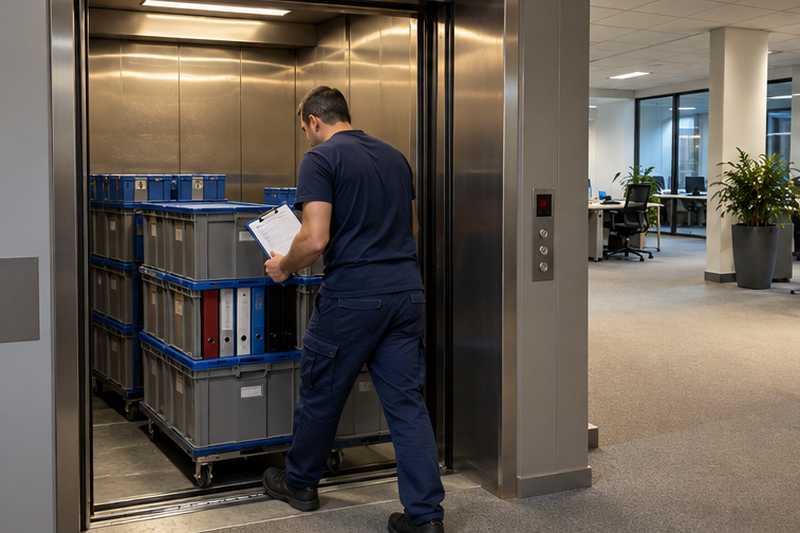 Bacs de registres et de classeurs chargés dans la cabine de service