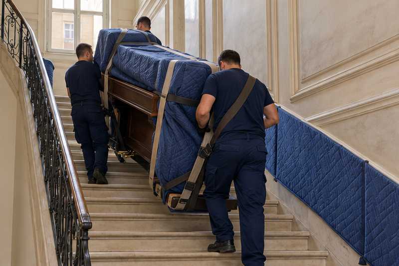 Équipiers portant un piano droit dans un large escalier droit