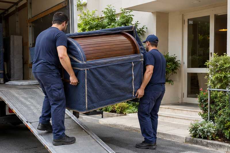 Secrétaire à rideau en noyer sous housse zippée au déchargement