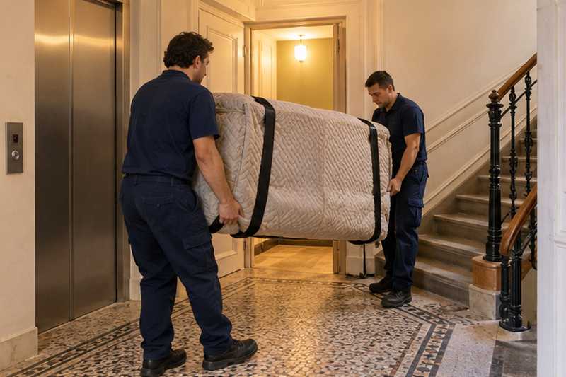 Sofa en bouclette écrue sous housse matelassée, sangles passées dessous