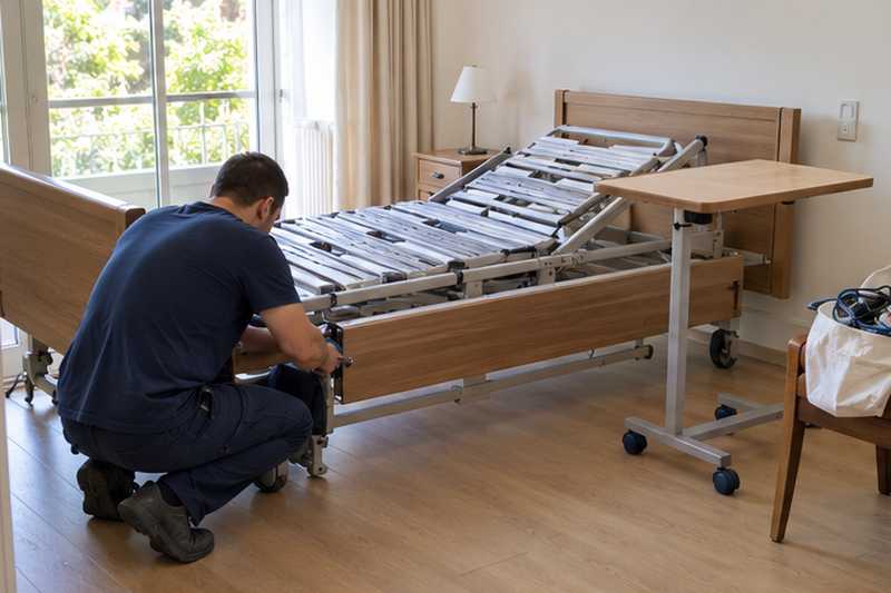 Lit médicalisé monté et sa table adaptable prête au nouveau logement