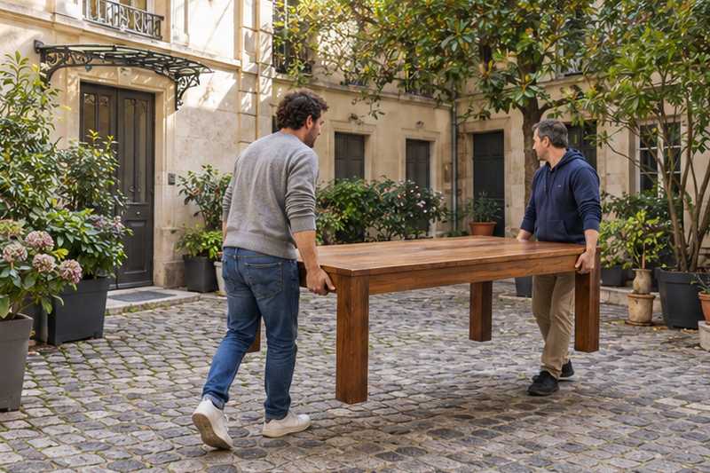 Table en bois portée à travers une cour pavée