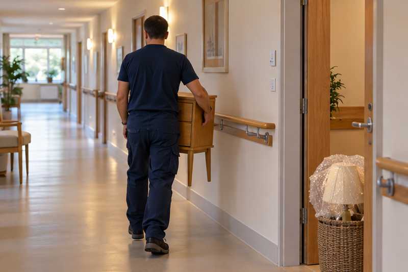 Équipier portant une table de chevet dans le couloir d'une résidence