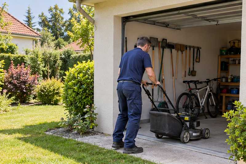 Équipier sortant une tondeuse du garage d'un pavillon avec jardin
