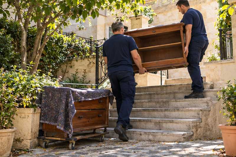 Moitié du vaisselier rustique en merisier descendue sur les marches de la cour