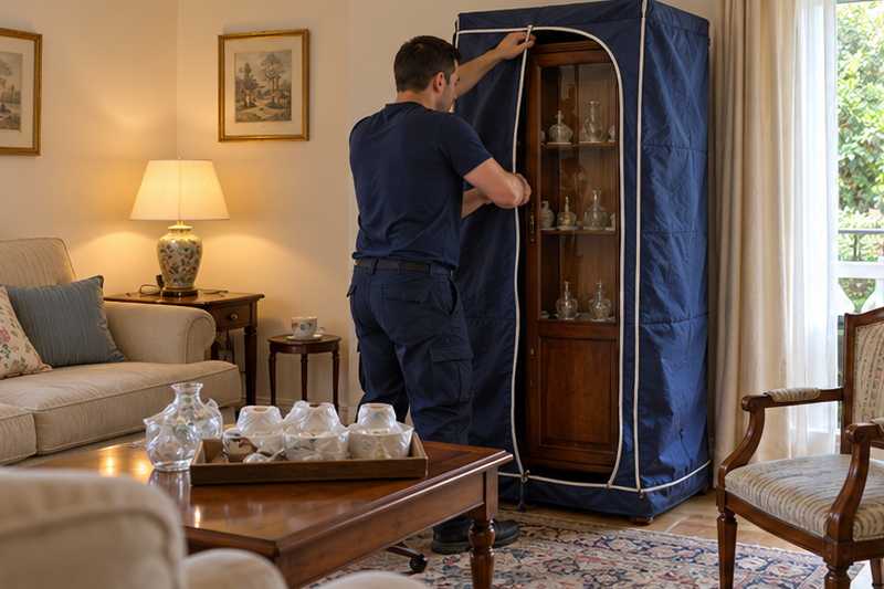 Petite vitrine à miniatures sous housse zippée posée au salon
