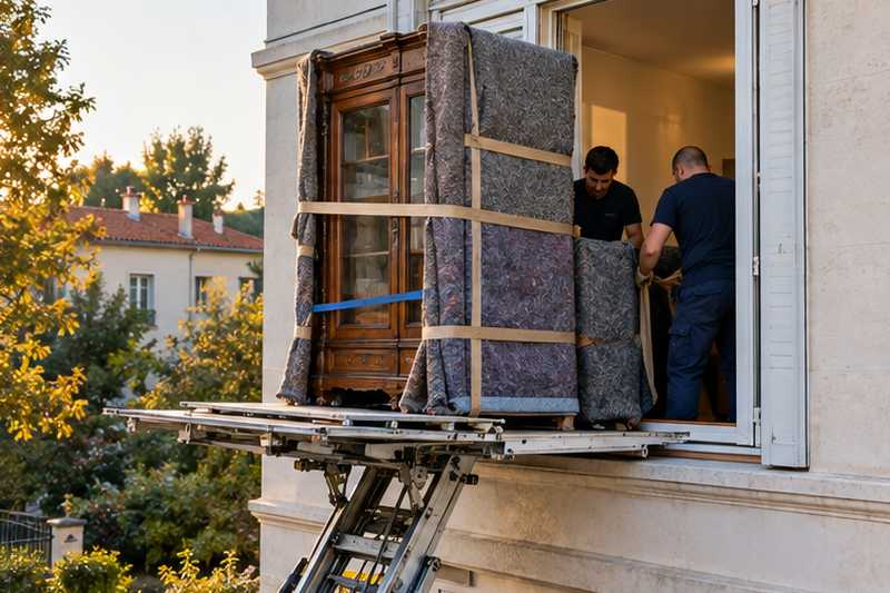 Grande vitrine en noyer massif calée debout entre couvertures